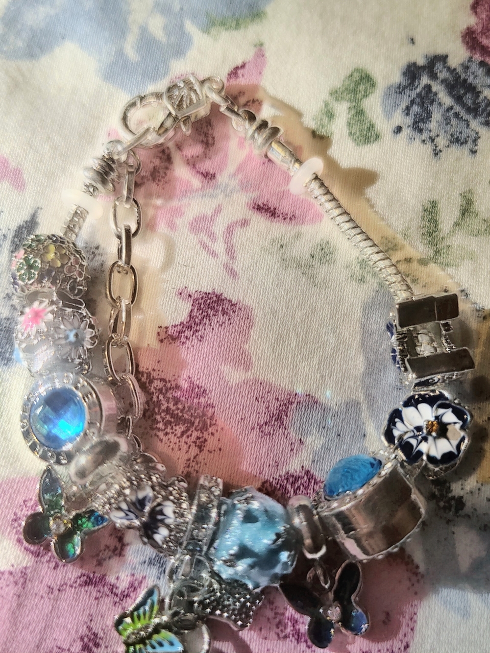 Silver Floral Blue Charm Bracelet - Women's Jewelry
